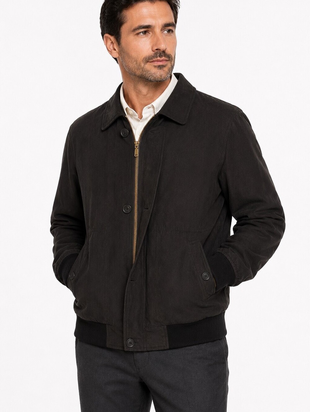 Oscar de la Renta Menswear Frank  Black Faux Suede Button Front Bomber - XL